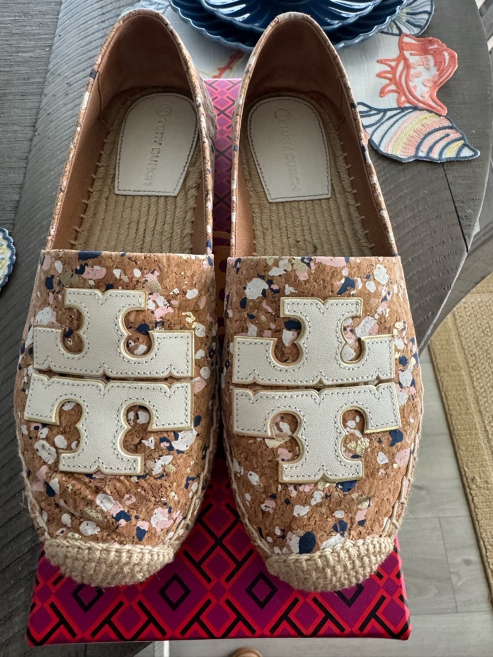 Tory Burch Cork Espadrille Loafers with Cream Logo and Pink Navy Speckle